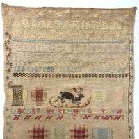 Large English Woolen Sampler with Alphabets, Darning Patterns, and Deer
