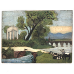 Folk Painting on Canvas of Man with Cows and Dog in Landscape