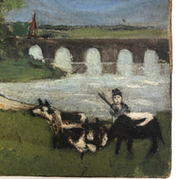 Folk Painting on Canvas of Man with Cows and Dog in Landscape