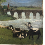 Folk Painting on Canvas of Man with Cows and Dog in Landscape