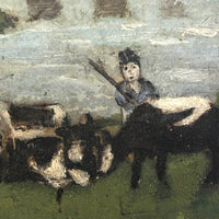 Folk Painting on Canvas of Man with Cows and Dog in Landscape