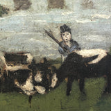 Folk Painting on Canvas of Man with Cows and Dog in Landscape