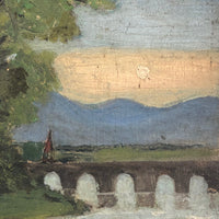 Folk Painting on Canvas of Man with Cows and Dog in Landscape