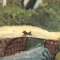 Folk Painting on Canvas of Man with Cows and Dog in Landscape