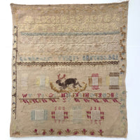 Large English Woolen Sampler with Alphabets, Darning Patterns, and Deer