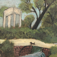 Folk Painting on Canvas of Man with Cows and Dog in Landscape