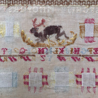 Large English Woolen Sampler with Alphabets, Darning Patterns, and Deer