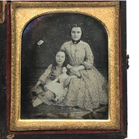 SOLD Girl in Ringlets with Mother and Doll (and Dog?) Antique Cased Daguerreotype