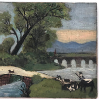 Folk Painting on Canvas of Man with Cows and Dog in Landscape