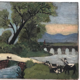 Folk Painting on Canvas of Man with Cows and Dog in Landscape