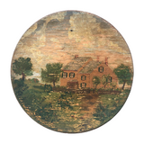 Antique American Folk Art Painting of Pink Farmhouse on Wooden Plate
