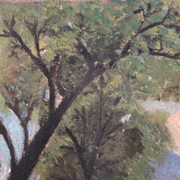 Folk Painting on Canvas of Man with Cows and Dog in Landscape