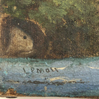 Folk Painting on Canvas of Man with Cows and Dog in Landscape