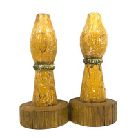 Big, Chunky, Yellow Painted Wooden Candlestick Holders