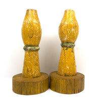 Big, Chunky, Yellow Painted Wooden Candlestick Holders