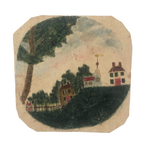 Wonderful Small, Early 19th C. Folk Art Watercolor of Houses on Hill