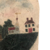 Wonderful Small, Early 19th C. Folk Art Watercolor of Houses on Hill