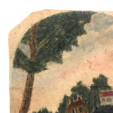 Wonderful Small, Early 19th C. Folk Art Watercolor of Houses on Hill