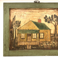 SOLD Old Yellow House with Green Trim Folk Art Painting on Cabinet Door