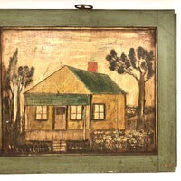 SOLD Old Yellow House with Green Trim Folk Art Painting on Cabinet Door