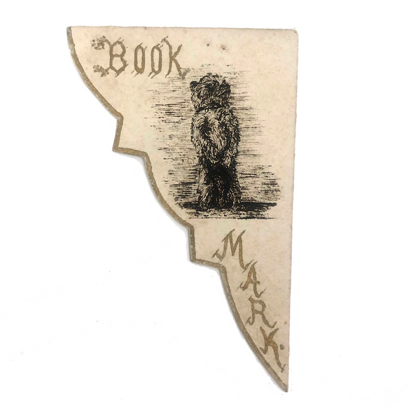 Antique Handmade Folded Paper Bookmark with Ink Drawn Bear