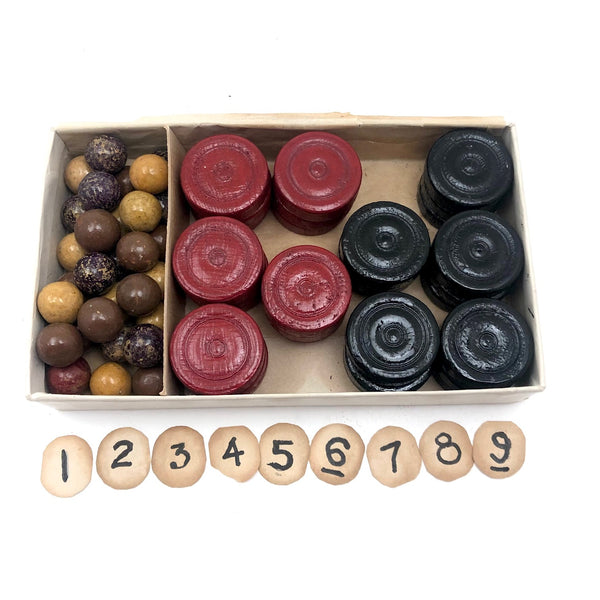 Old Lacquered Checkers Set Plus Marbles for Chinese Checkers and Numbers, Too!