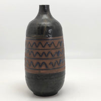 Mid-Century Black Glazed Studio Pottery Weed Vase with Blue Squiggle Design