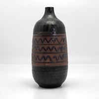 Mid-Century Black Glazed Studio Pottery Weed Vase with Blue Squiggle Design
