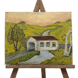 Miniature Folk Art Painting of Covered Bridge Signed T.M. Flanagan, with Easel