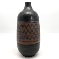 Mid-Century Black Glazed Studio Pottery Weed Vase with Blue Squiggle Design