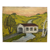 Miniature Folk Art Painting of Covered Bridge Signed T.M. Flanagan, with Easel