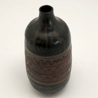 Mid-Century Black Glazed Studio Pottery Weed Vase with Blue Squiggle Design