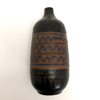 Mid-Century Black Glazed Studio Pottery Weed Vase with Blue Squiggle Design