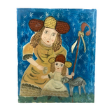 Shepherdesses with Lamb, Old Reverse Glass Folk Art Painting