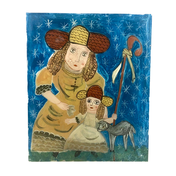 Shepherdesses with Lamb, Old Reverse Glass Folk Art Painting