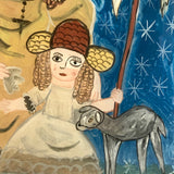 Shepherdesses with Lamb, Old Reverse Glass Folk Art Painting