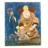 Shepherdesses with Lamb, Old Reverse Glass Folk Art Painting