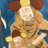 Shepherdesses with Lamb, Old Reverse Glass Folk Art Painting