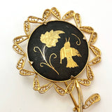 Lovely Gold and Black Damascene Flower Shaped Pin with Filagree and Bird and Leaf Design