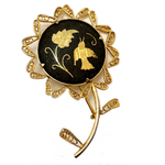 Lovely Gold and Black Damascene Flower Shaped Pin with Filagree and Bird and Leaf Design