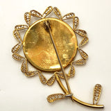 Lovely Gold and Black Damascene Flower Shaped Pin with Filagree and Bird and Leaf Design