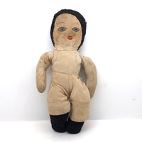Sweet Old Doll with Hand-Embroidered Face, Black Mohair Head and Stockings, and Attitude!