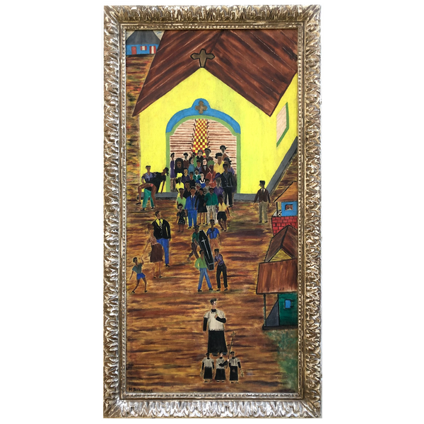 Marvelous Large 1940s Haitian Folk Art Painting of Funeral Procession
