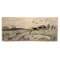Early 20th C. Naive Double-Sided Farm Drawing on Waxed Cloth, Crayon and Graphite