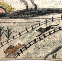 Early 20th C. Naive Double-Sided Farm Drawing on Waxed Cloth, Crayon and Graphite