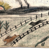 Early 20th C. Naive Double-Sided Farm Drawing on Waxed Cloth, Crayon and Graphite