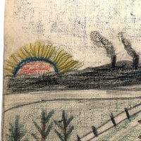 Early 20th C. Naive Double-Sided Farm Drawing on Waxed Cloth, Crayon and Graphite