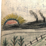Early 20th C. Naive Double-Sided Farm Drawing on Waxed Cloth, Crayon and Graphite