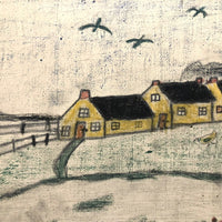 Early 20th C. Naive Double-Sided Farm Drawing on Waxed Cloth, Crayon and Graphite