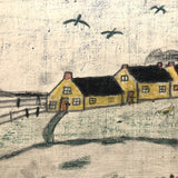 Early 20th C. Naive Double-Sided Farm Drawing on Waxed Cloth, Crayon and Graphite